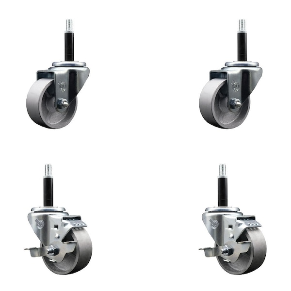 3'' Semi Steel Wheel Swivel 3/4'' Expanding Stem Caster Set 2 Brakes, 4PK
